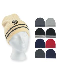 Printed Ribbed Knit Beanie with Double Stripe