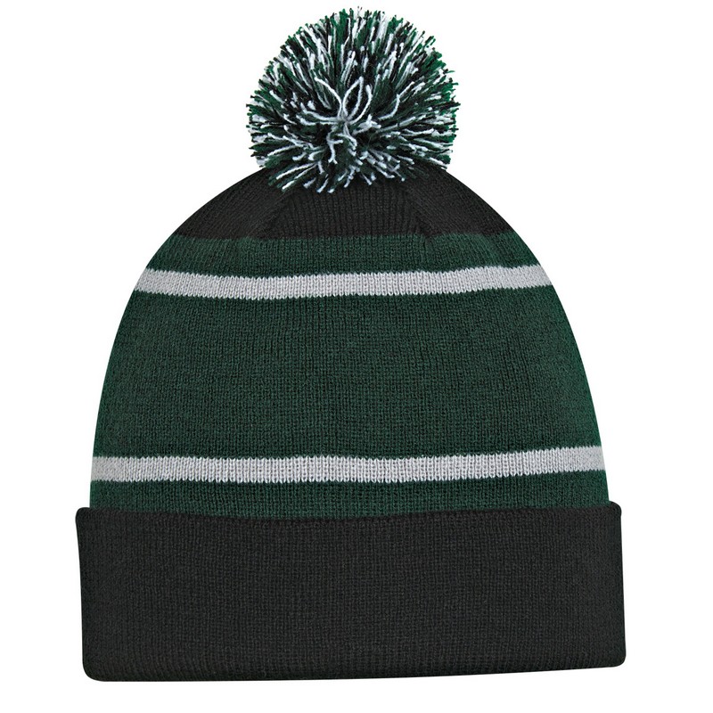 Three-Tone Striped Pom Beanie With Cuff