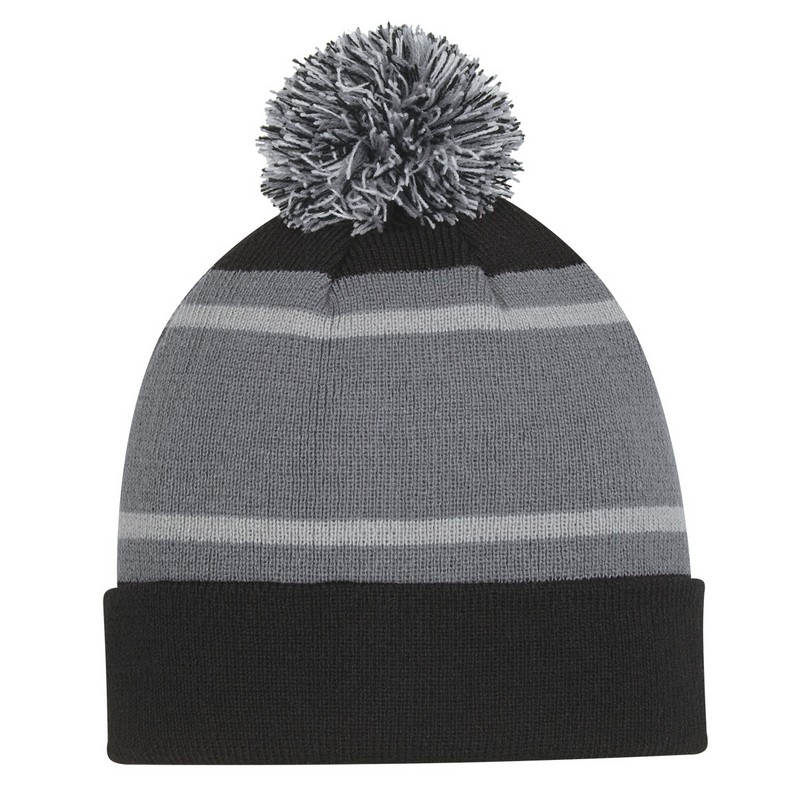 Three-Tone Striped Pom Beanie With Cuff