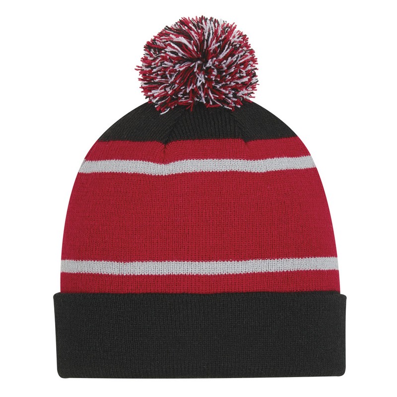 Three-Tone Striped Pom Beanie With Cuff