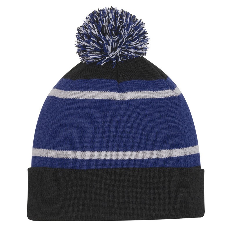 Three-Tone Striped Pom Beanie With Cuff