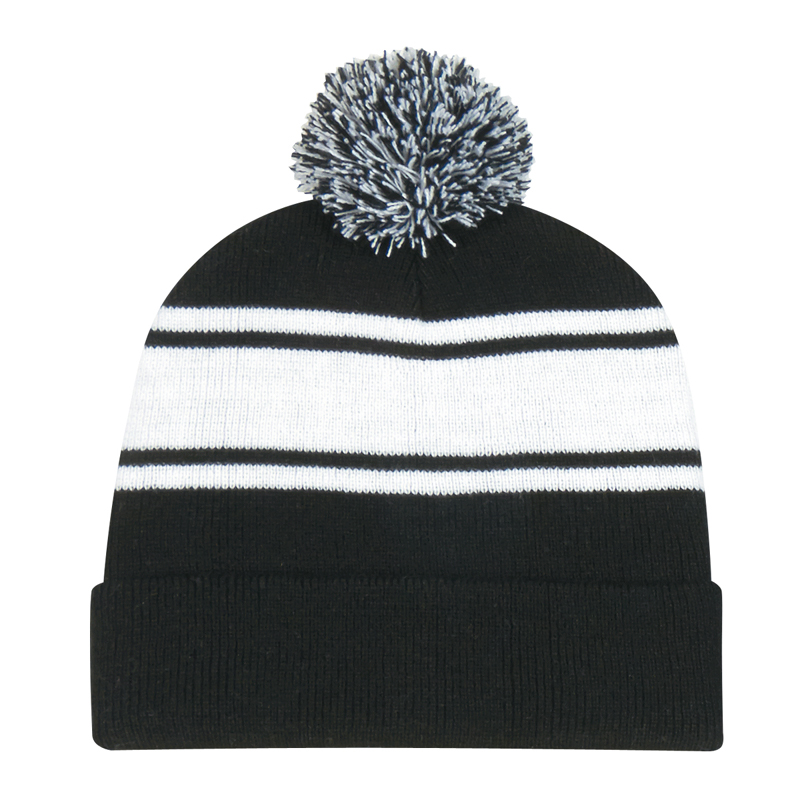 Embroidered Two-Tone Knit Pom Beanie with Cuff