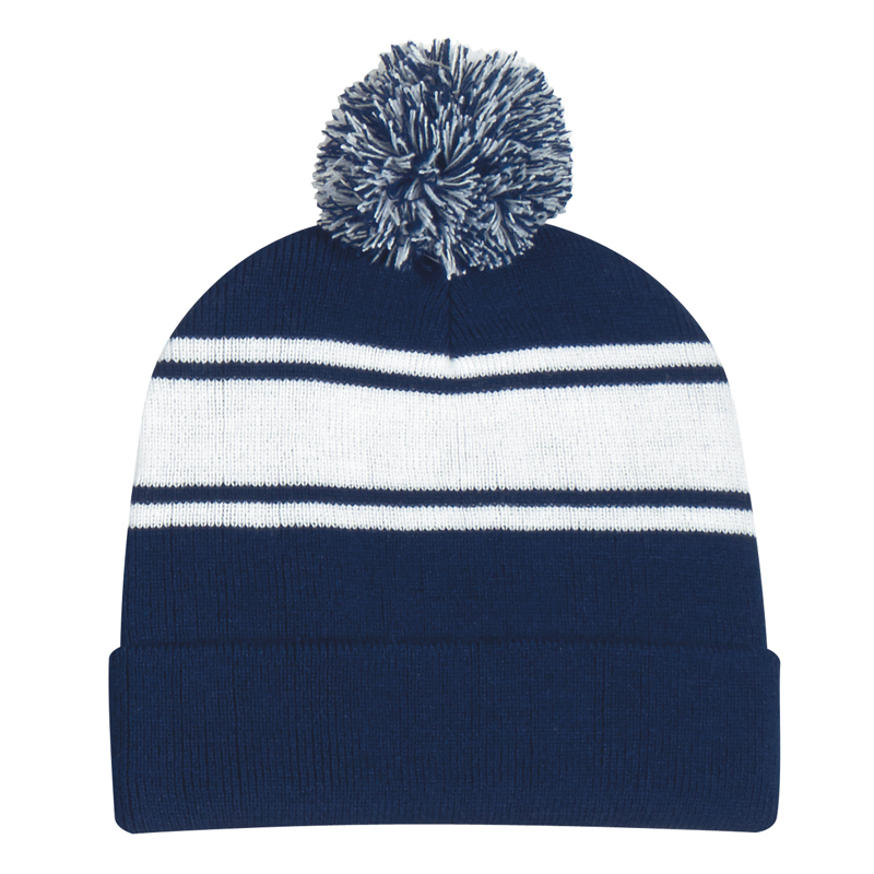 Embroidered Two-Tone Knit Pom Beanie with Cuff