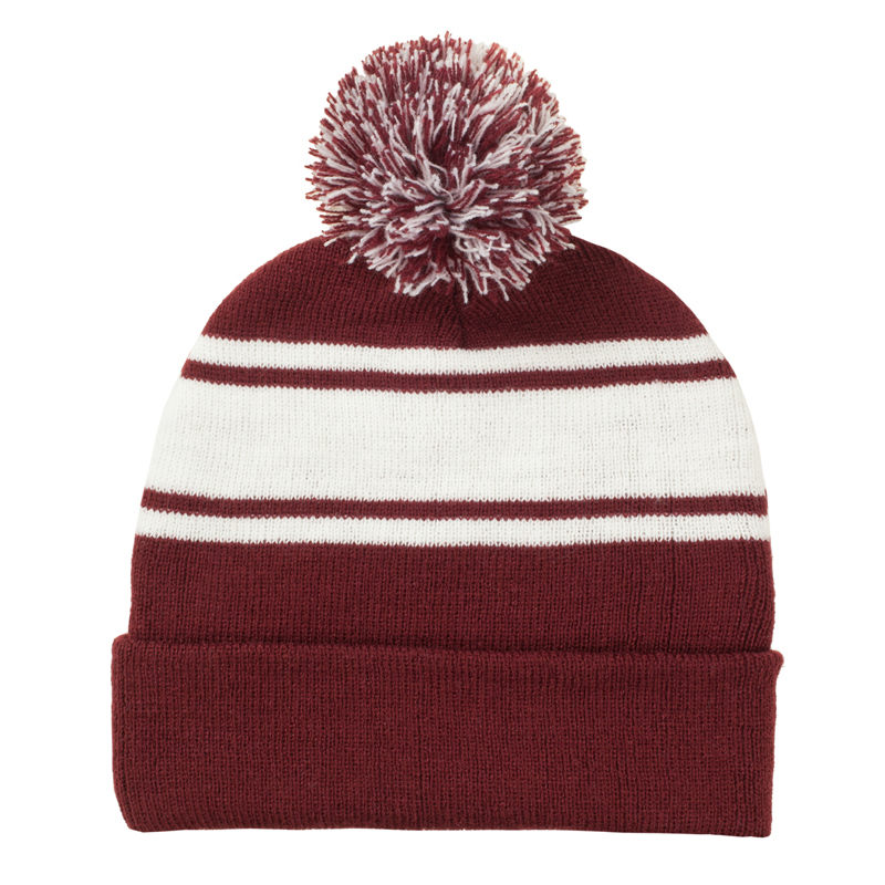 Embroidered Two-Tone Knit Pom Beanie with Cuff