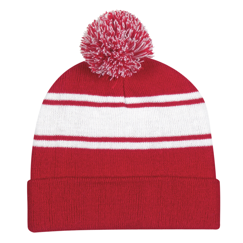 Embroidered Two-Tone Knit Pom Beanie with Cuff