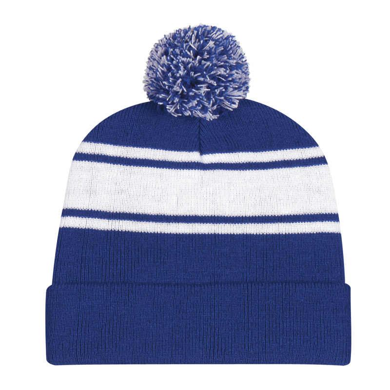 Embroidered Two-Tone Knit Pom Beanie with Cuff