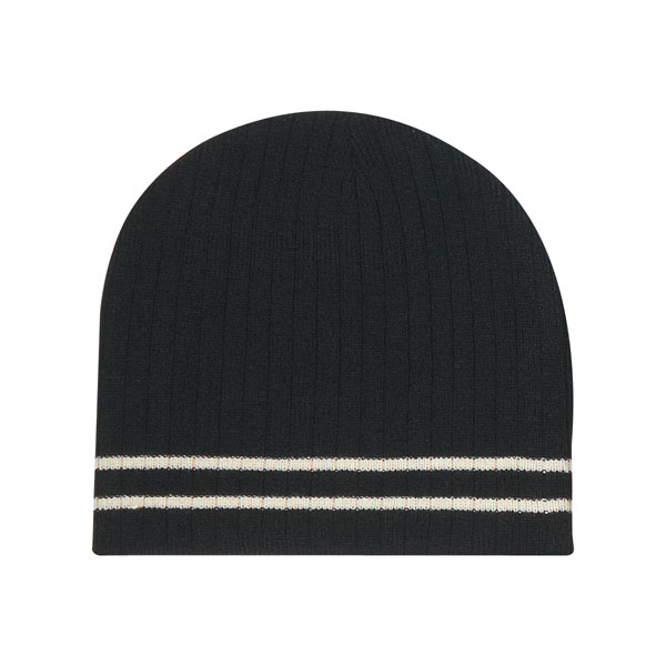 Printed Ribbed Knit Beanie with Double Stripe