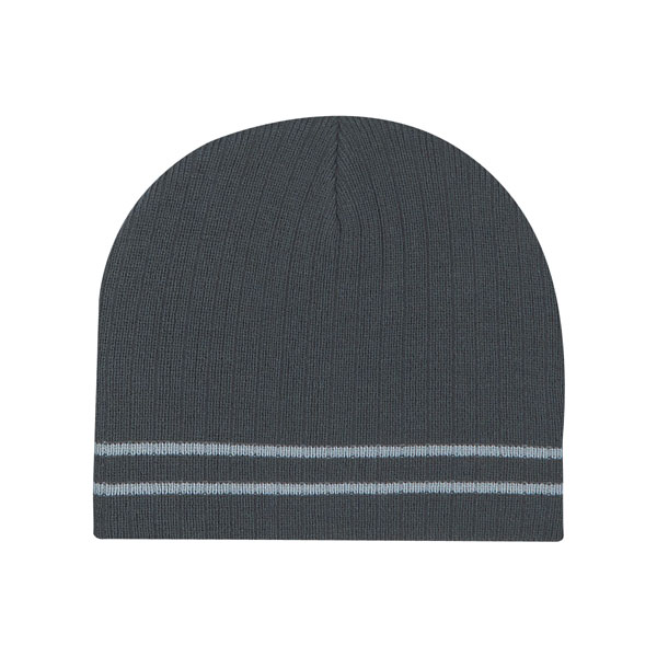 Printed Ribbed Knit Beanie with Double Stripe